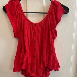 Free People Vibrant Red Button-Down Blouse